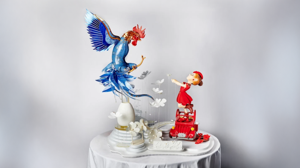 Intricate French pastry creation at World Pastry Cup 2024 showcasing artistic sugar work, chocolate mastery, and refined textures.