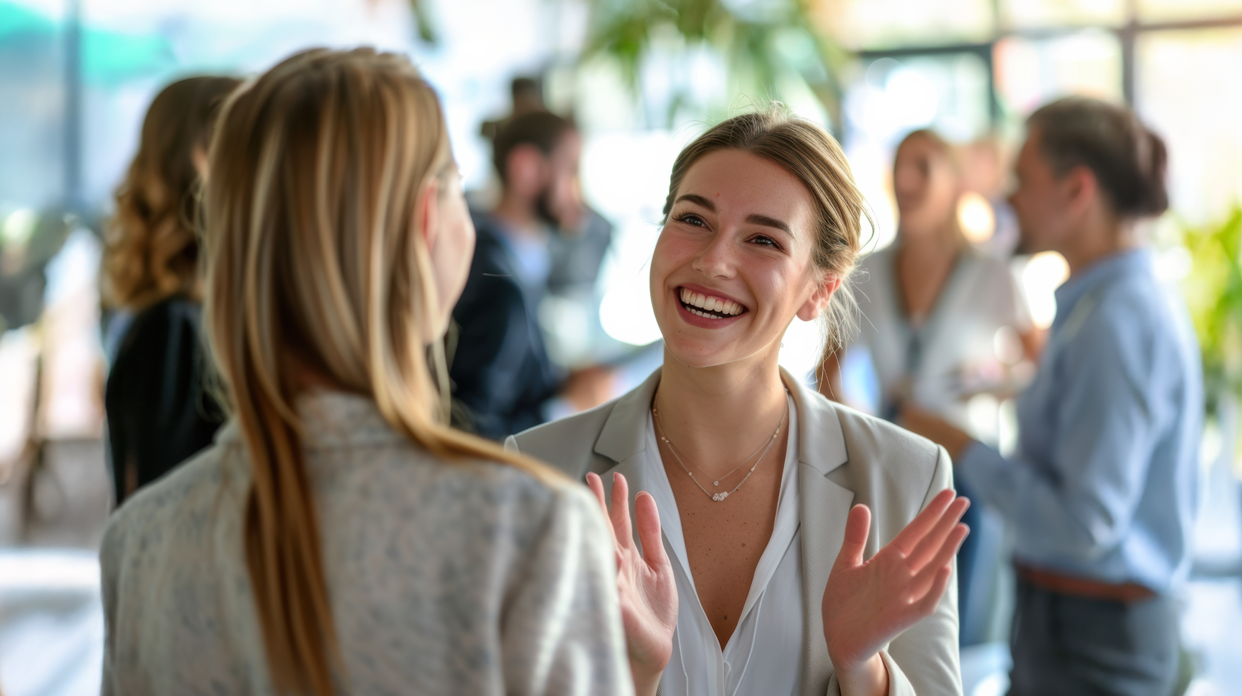A lively networking event with professionals engaged in conversation, smiling, and exchanging ideas in a bright and modern setting.